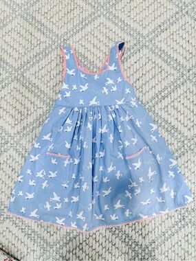 12-19M JoJo Maman Bebe Light Blue Bird-Print Dress with Pink Trim